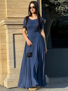 Women Short Sleeve Maxi Dress Ruched Side Slim Fit Crew Neck Solid Color Summer Casual Elegant Jersey Long Dress