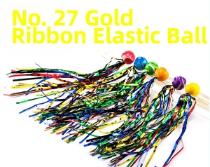 Close-up of No. 27 colorful bouncy balls with metallic ribbons on a display stand
