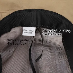 Detail of adjustable drawstring and breathable mesh lining inside the sun hat