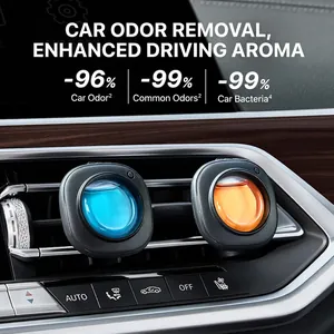 Blue and orange car air vent clip perfumes on elegant wood grain interior dashboard