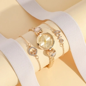 Montre À Quartz Pour Femme Et Bracelet Love Cristal Cœur Or Alliage Strass Bijoux Élégants
