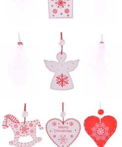 Detailed view of red and white wooden Christmas ornaments with snowflake patterns