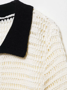 Close-up of contrast knit polo shirt showing intricate crochet hollow weave and collar