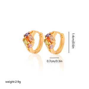 Detail of 1.4cm gold-plated hoop earrings featuring multi-color cubic zirconia settings