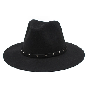 British Vintage 100% Wool Black Fedora Hat For Men Women Wide Brim Jazz Hat With Rivet Decor Autumn Winter Warm Cap