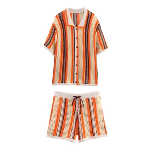 Haut Polo Manches Courtes Tricot Crochet Rayé Et Short Cordon Femmes Ajouré Respirant Vacances Été Streetwear