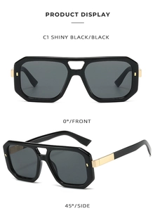 Detaillierte Vorder- und Seitenansicht schwarzer quadratischer Sonnenbrille mit Metallscharnier
