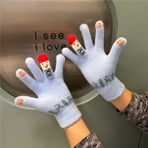 Women Winter Knit Touchscreen Gloves Cute Snowman Reindeer Pattern Thick Warm Thermal Soft Outdoor Cold Weather Mittens