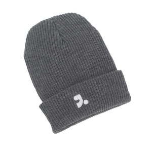 Detail of dark grey ribbed knit beanie showing white embroidered logo and fabric texture