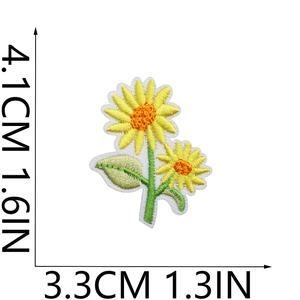 Detail showing dimensions of two embroidered sunflower patches in yellow and orange