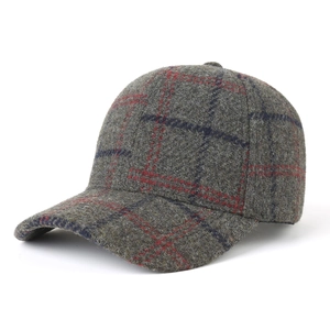 Classic gray plaid wool baseball cap with vintage red and blue check patterns for adults