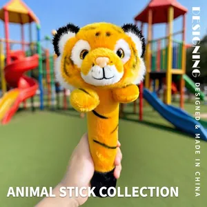 Plush orange tiger head wand toy for babies, handheld cartoon animal soft doll stick