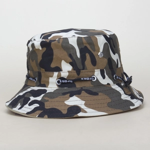 Detail of camouflage sun hat featuring metal eyelets and adjustable SPORT chin strap