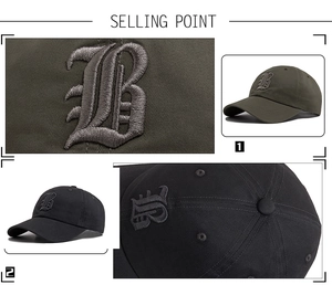 Detailed view of 3D gothic letter B embroidery on cotton twill baseball caps