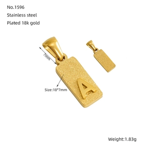 Detailed view of gold plated rectangle A letter pendant with precise dimensions and weight