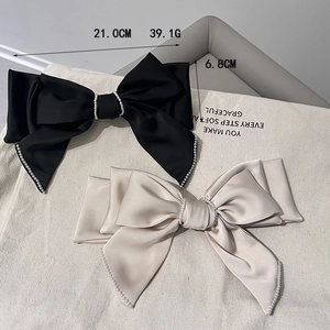 Elegant large double-layer satin bow hair clips with pearls in black and beige colors