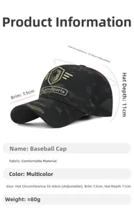 Detailed size specifications for the camo baseball cap with embroidery shield