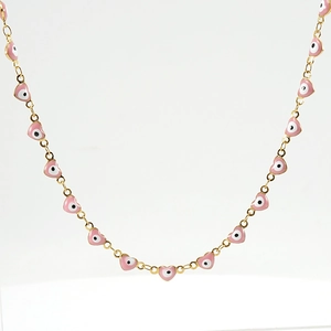 Golden 18K stainless steel evil eye necklace with pink heart charms for women