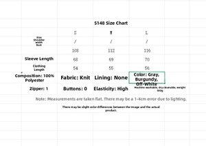 Size chart for women's knit cardigan showing measurements for S, M, and L sizes