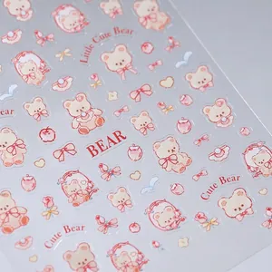 Stickers ongles 3D en relief avec ours dessin animé et nœuds pour décoration manucure