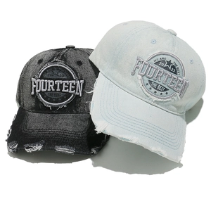 Distressed wash denim baseball caps in black and light blue with FOURTEEN embroidery
