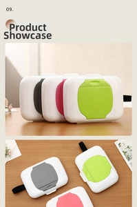 Detail view of the portable wet wipe box featuring colorful lids and handy hanging strap