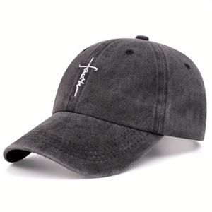 Vintage washed charcoal baseball cap with white faith embroidery in a cross shape
