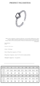 Detailed size guide table for adjustable S925 sterling silver vintage heart open ring