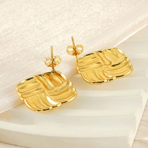 18K gold plated stainless steel square earrings with intricate woven texture design