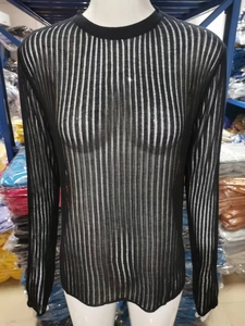 Detail of sheer vertical mesh stripes on black long-sleeve crewneck knit top