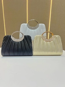 Elegant pleated evening clutch bag with rhinestone handle in silver, black and gold finish