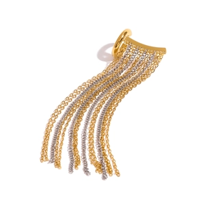 Golden C-shaped ear cuff with dangling bicolor gold and silver chain tassels