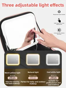 LED cosmetic case detail showing three light modes and touch-control dimming mirror