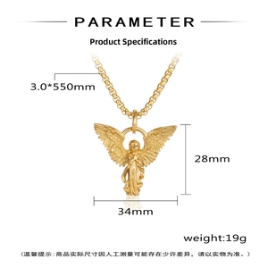 Detailed view of golden guardian angel pendant with wing textures and dimensions