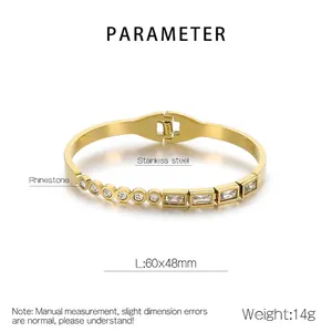 Detail view of gold stainless steel bracelet with rhinestones and 60x48mm dimensions