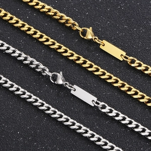 Hip hop style gold and silver stainless steel Cuban necklaces with rectangular metal tags