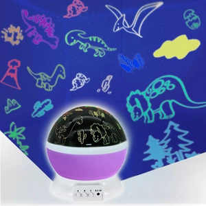 Macro view of purple dinosaur projector with control buttons and colorful light projection
