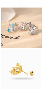 Detail view of star-accented geometric earrings with screw ball backs in gold and silver
