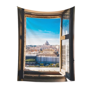 Detail of wall tapestry showing St. Peter's Basilica through a faux window view