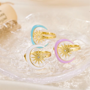Three-piece set of celestial moon and sun gold rings with colorful enamel and zircon