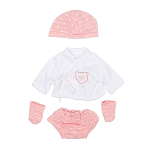 Pink and white 4-piece doll outfit set with bear embroidery and polka dot accessories
