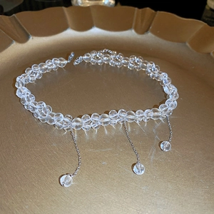 Sparkling double-strand clear glass beaded choker with silver metal fringe pendant tassels