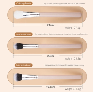 Detail view of 3 makeup brushes with dimensions and weights for professional eye styling