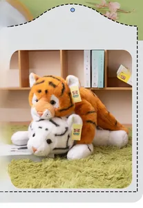 Macro detail of plush tiger dolls with soft faux fur texture and branded gift tags