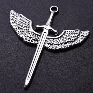 Detailed view of sword-shaped wing pendant in 304 stainless steel with a silver finish