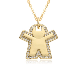 Minimalist gold sweater necklace with micro-pave heart disc pendant on white background