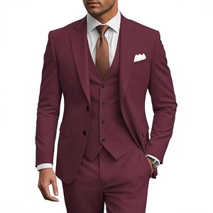 Slim fit three-piece burgundy suit set with single-breasted jacket, vest, and trousers
