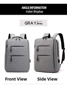 Detail view of grey business laptop backpack with USB port and dual zipper pockets