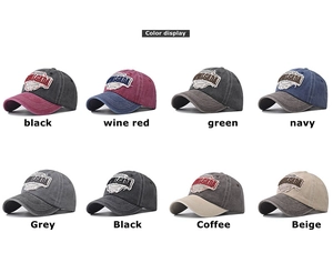 Grid display of washed cotton baseball caps with bull head embroidery in eight various colors