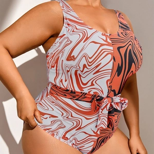 Plus size one-piece swimsuit with abstract marble print and adjustable waist tie